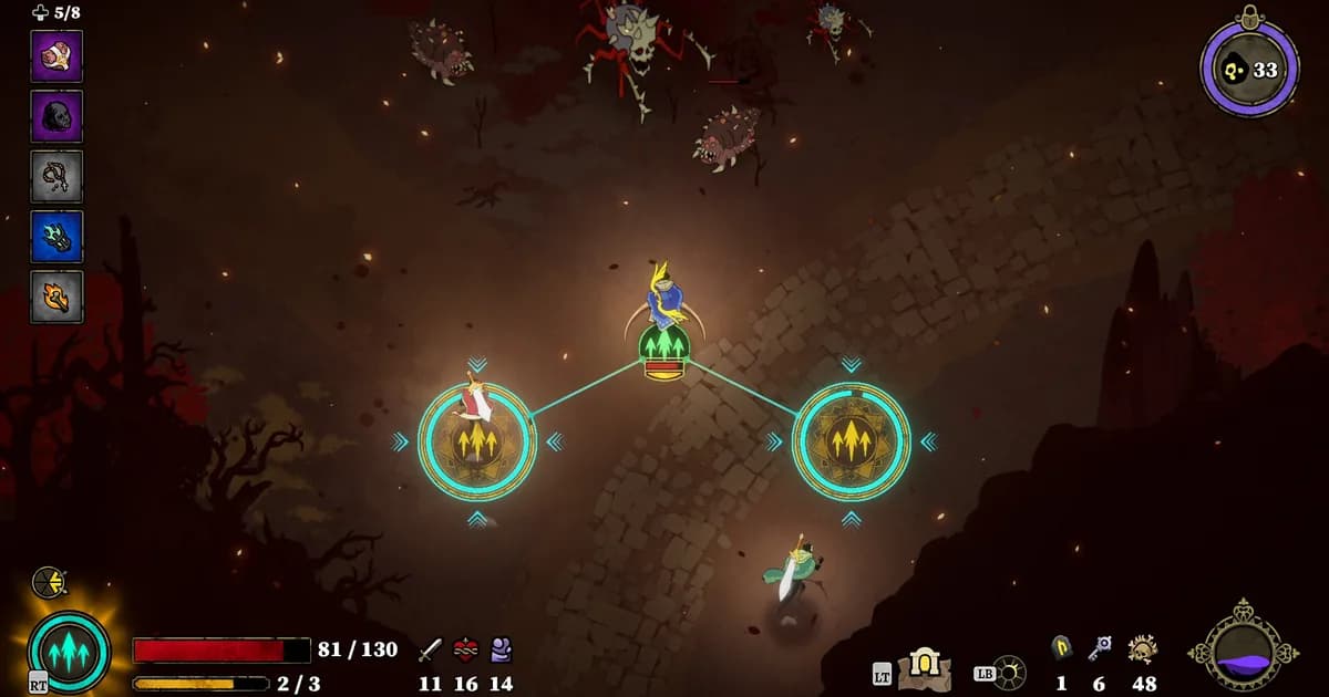 33 Immortals combat scene with multiple player characters fighting demons in a golden celestial arena, hand-drawn art style