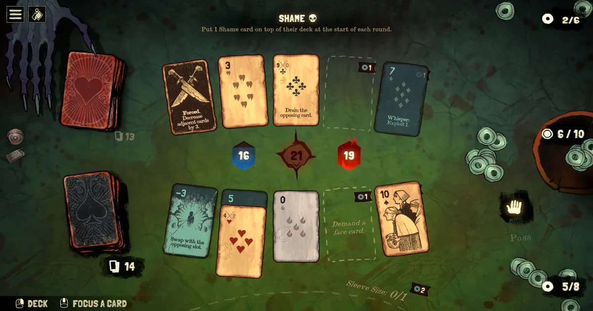 Black Jacket deck view showing organized card hand with Diamonds and Hearts suit cards in hell-themed blackjack interface