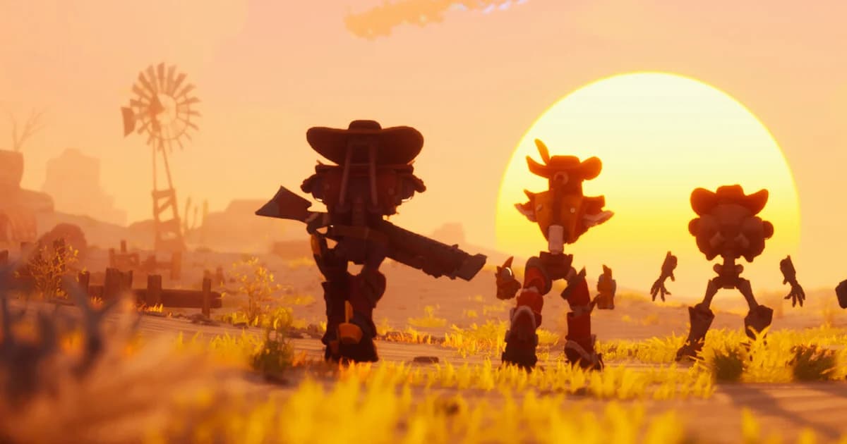 Far Far West robot cowboy firing a lightning revolver at skeleton enemies in a desert ghost town at dusk with fire spell active
