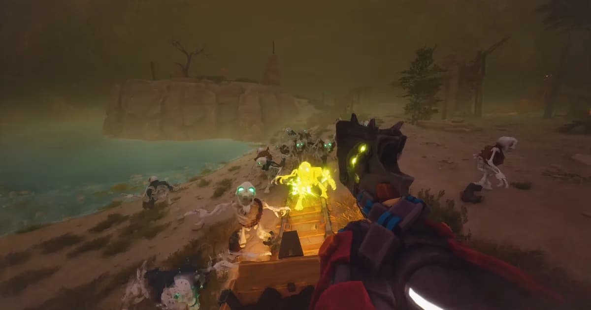 Far Far West first-person view aiming a glowing star-shaped weapon at a glowing skeletal enemy in a misty snowfield