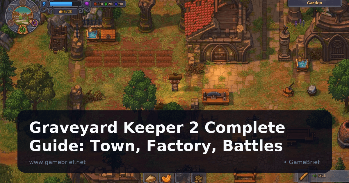Graveyard Keeper 2 Garden area with a keeper carrying a log past farm plots, a sawmill workbench and a stone building