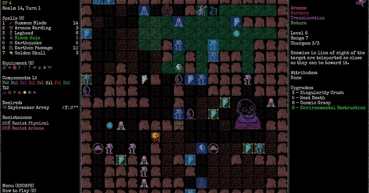 Rift Wizard 3 grid battlefield with wizard surrounded by demons and slimes, spell selection panel on the right