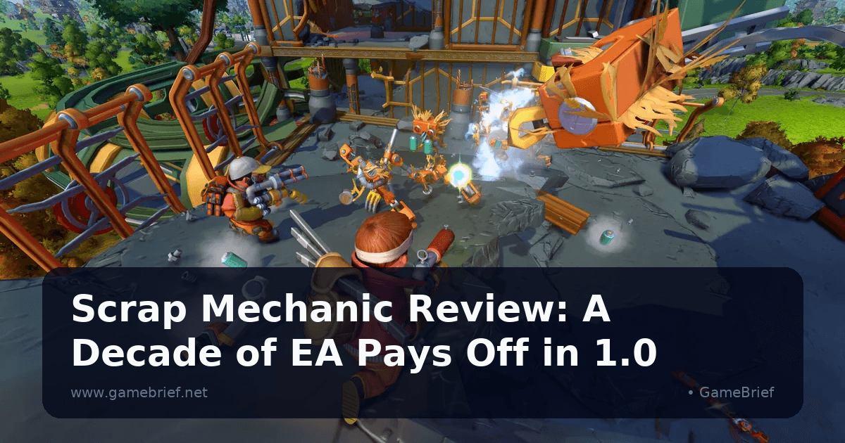 Two Scrap Mechanic survivors firing spud guns at a swarm of orange Totebots beside a wrecked rollercoaster structure