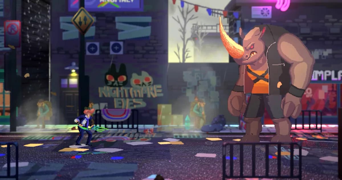 Anomaly President's suited protagonist facing a towering rhino-like boss on a neon-lit night street beneath a Nightmare Eyes storefront sign