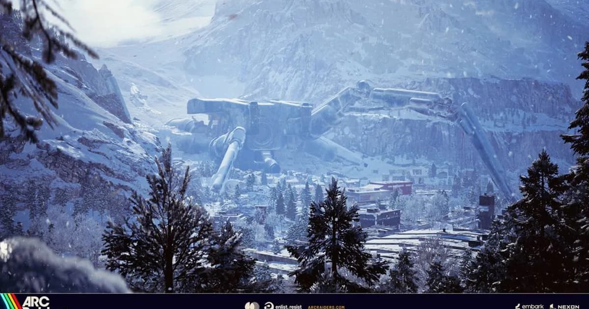 Snowy mountain basin with a huge fallen machine lying across the cliffs above a small village among snow-laden pines