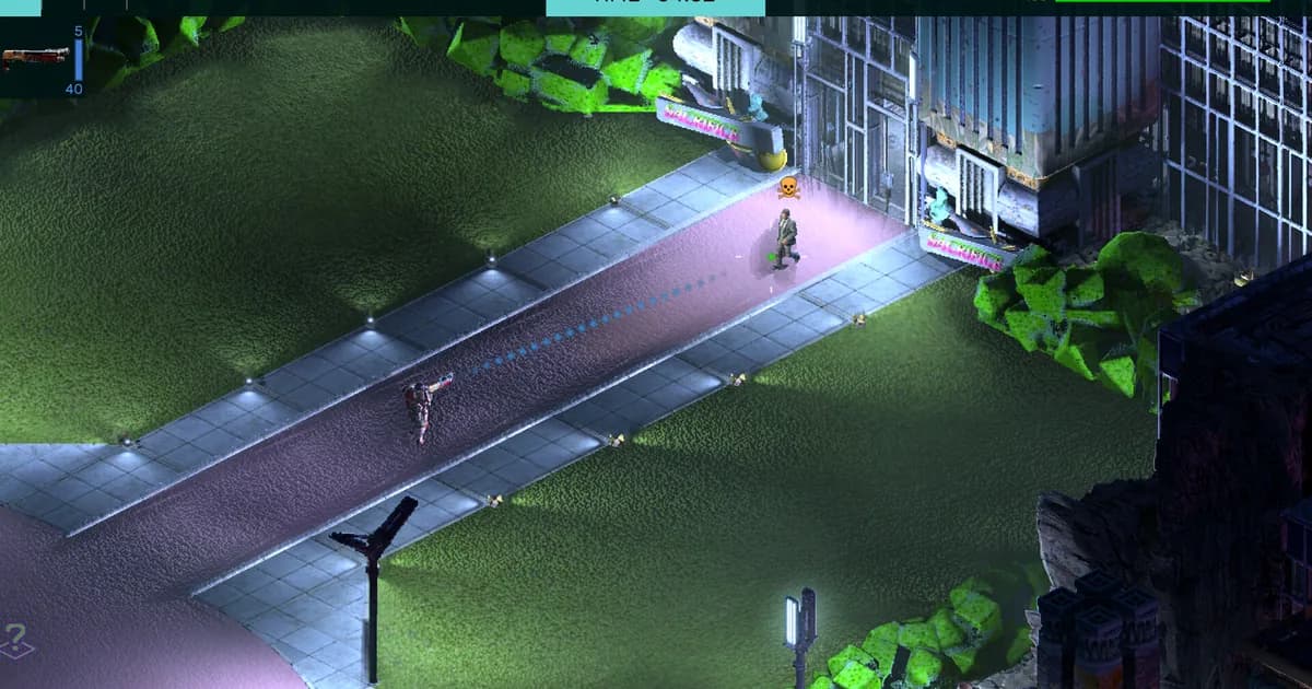 Player character walking a lit purple pathway past a building marked SACRIFICES in Brigador Killers' Mar Nosso