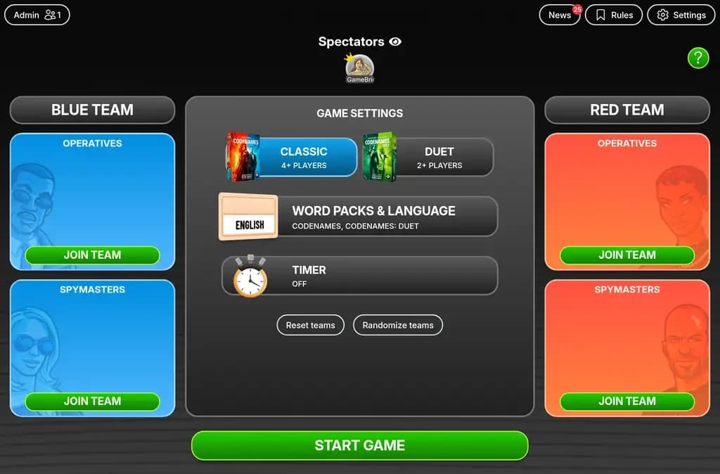 Codenames Online room lobby with blue and red team panels, Classic 4+ players and Duet 2+ players modes, and a Start Game button