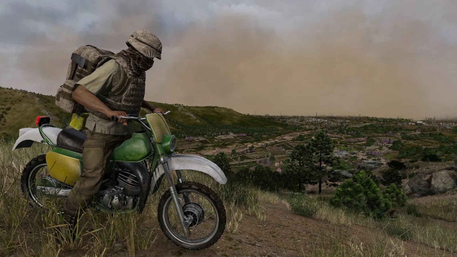 DayZ Badlands survivor in a helmet rides a green dirt bike across a hillside as a sandstorm rolls in