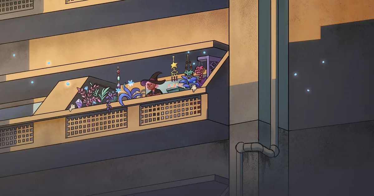 Echo's balcony garden in Greenhearth Necromancer with glowing undead plants alongside living green ones at dusk