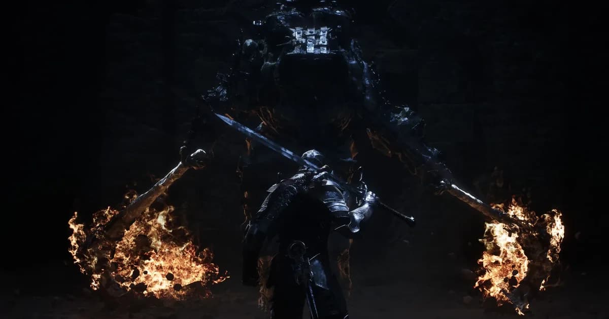 An armored knight wields two flaming swords crossed in front of a ...