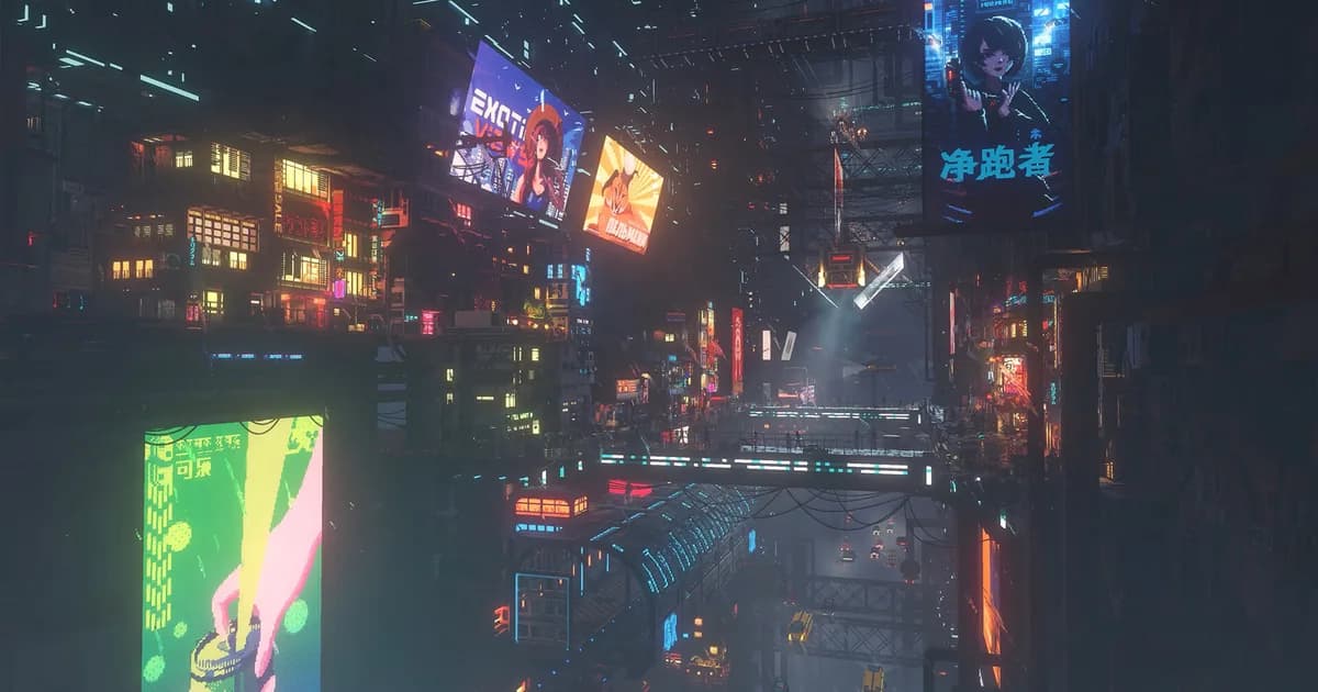 Dense neon city streets with layered walkways, glowing billboards, and transit vehicles at night