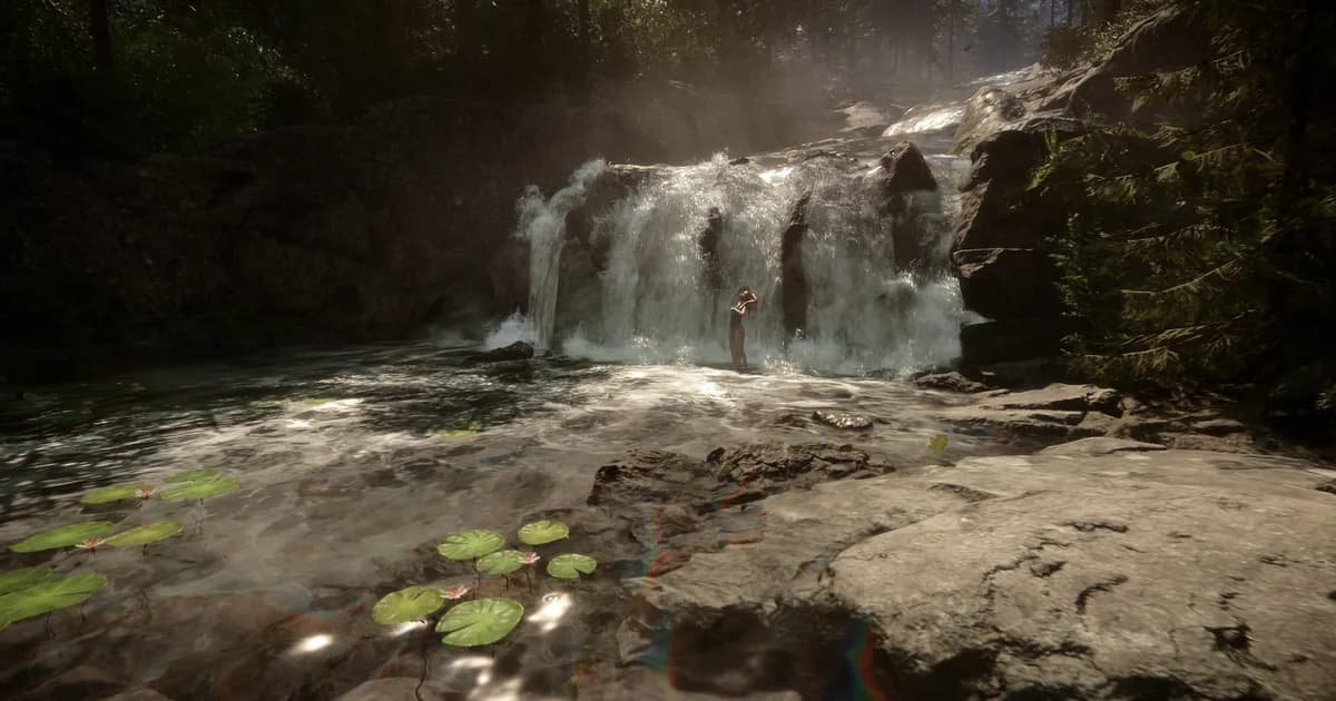 Sons of the Forest survivor and Virginia at a forest waterfall