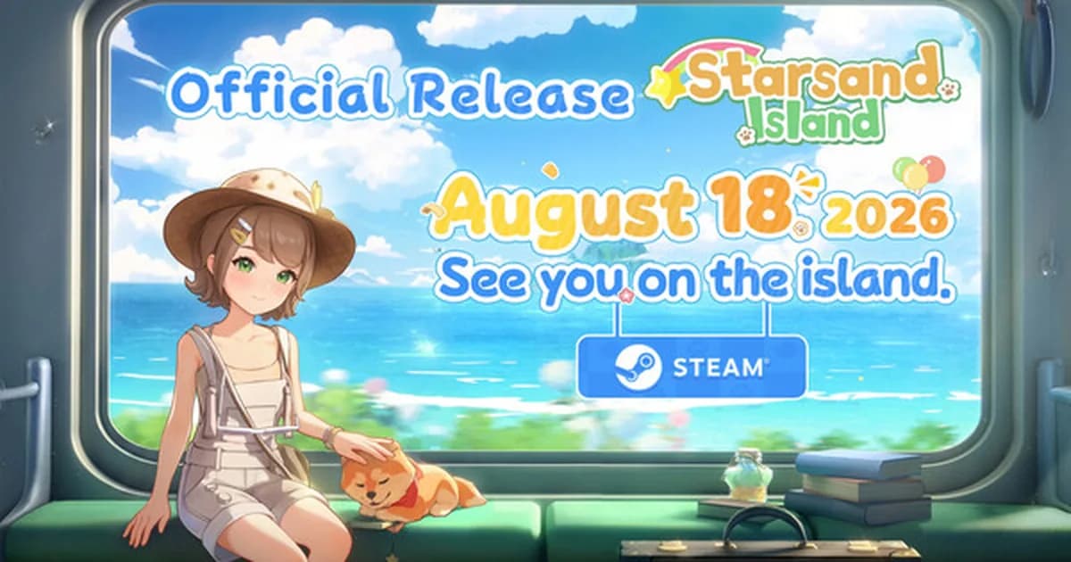 Official Starsand Island release graphic: the player character petting her puppy on a train, confirming the August 18, 2026 Steam launch date