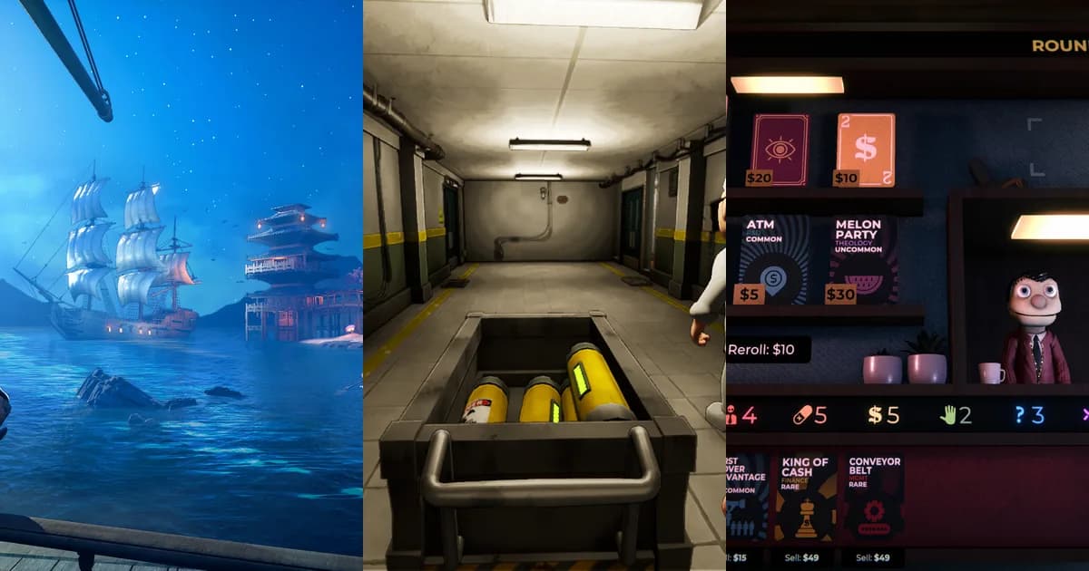 Three Next Fest demo screenshots side by side: a pirate harbour at night, a cart of fuel canisters in a reactor corridor, and a card shop run by a puppet