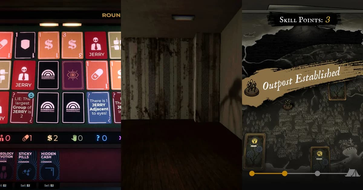 Three horror demo screenshots side by side: a puppet's card board, a giant spider shadow on a wall, and a map of a cursed island