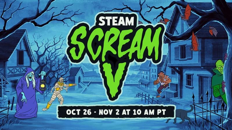 Steam Scream V banner: a witch with a lantern, a mummy, a werewolf and a green ghoul in a moonlit village, with the dates Oct 26 to Nov 2 at 10 AM PT