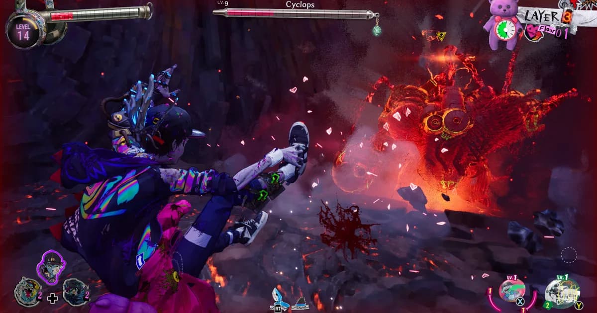 Davy in a graffiti hoodie mid-kick against a hulking Cyclops boss, with a teddy bear clock timer in the corner