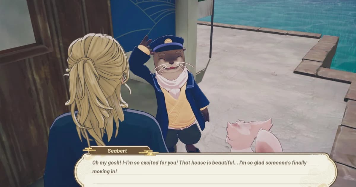 Tales of Seikyu gift-giving screen showing character portrait with sparkle animation and a crafted Gold Ingot being offered at the village forge