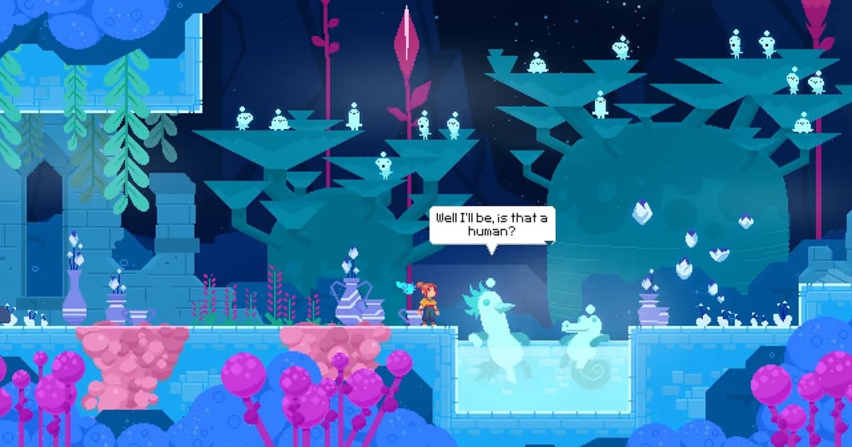 TetherGeist screenshot showing Mae meeting a ghostly character in a bright blue chapter