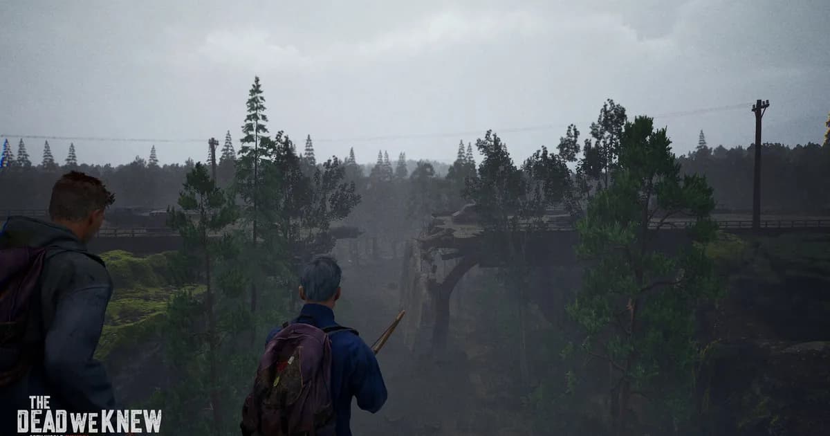 Two survivors with backpacks stand at the edge of a fog-filled ravine, looking toward a broken bridge and power lines