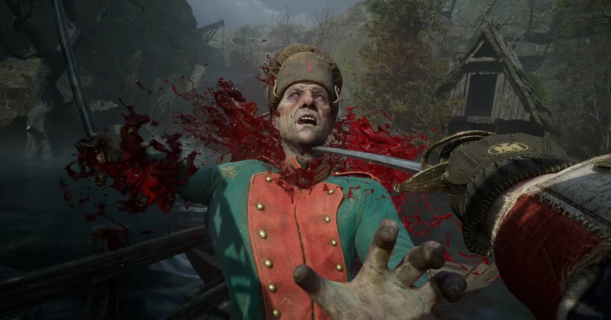 First-person sword strike hits a Napoleonic soldier beside a ruined village
