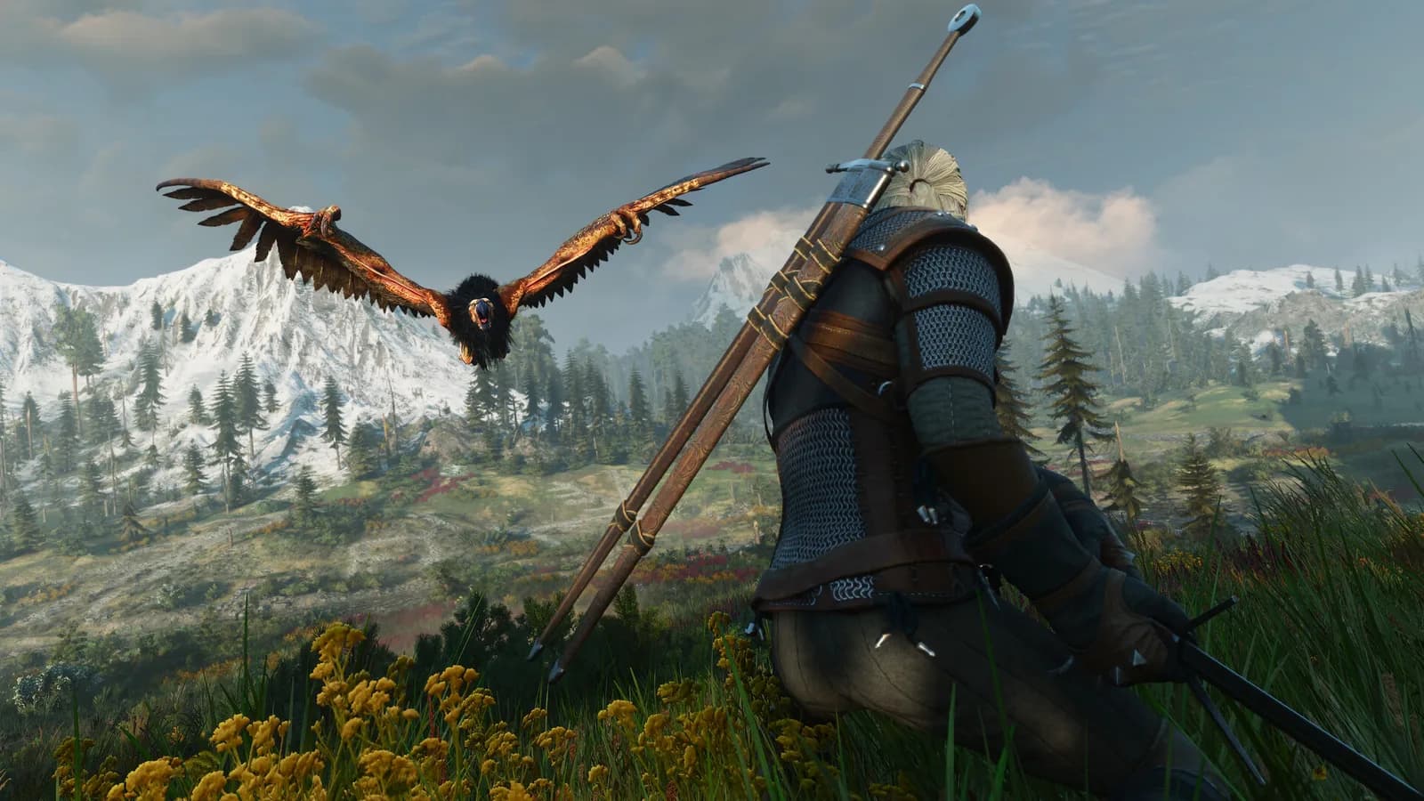 Geralt walks through tall grass on a hillside with a bird of prey in flight and snowy mountains behind him