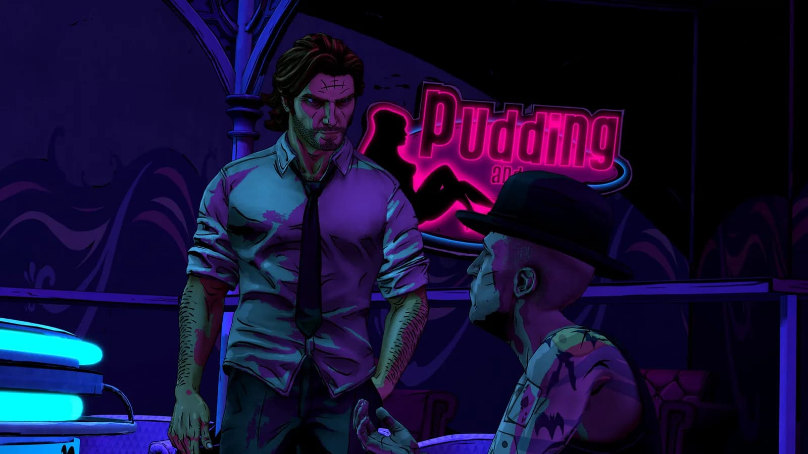 Bigby Wolf in purple neon light stands over a seated man in a bowler hat beside a pink Pudding neon sign in The Wolf Among Us Remastered