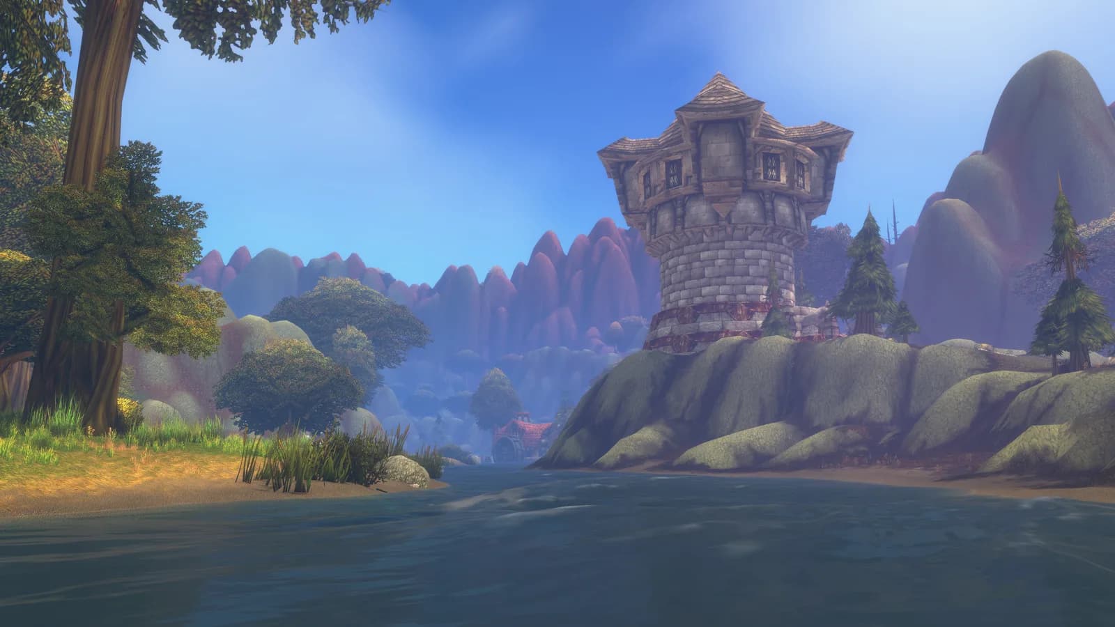 WoW Forever screenshot of a stone watchtower on a mossy rock above a river, pine trees and pink cliffs behind
