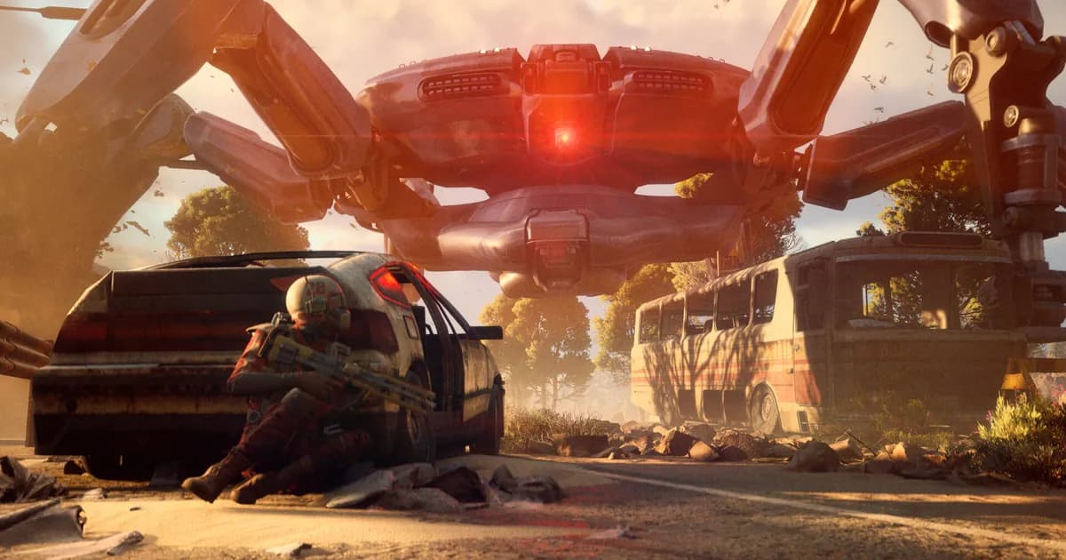 ARC Raiders armored raider in extraction zone, kernel-level anti-cheat announcement displayed on Speranza interface screen behind them