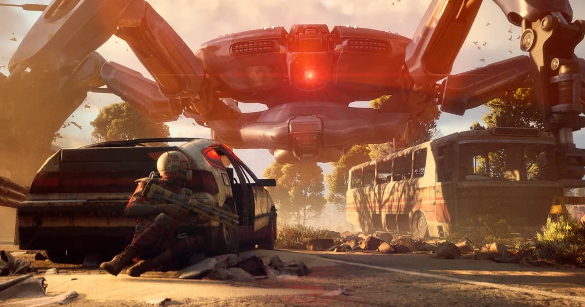 ARC Raiders raider taking cover behind a wrecked car as a massive spider-like machine looms overhead on a ruined road