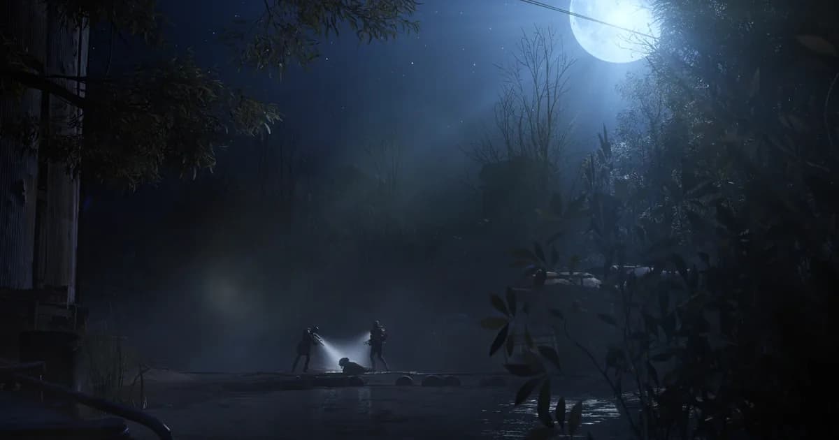 Two ARC Raiders cross a wooden walkway over dark water at night, flashlights cutting through fog under a full moon