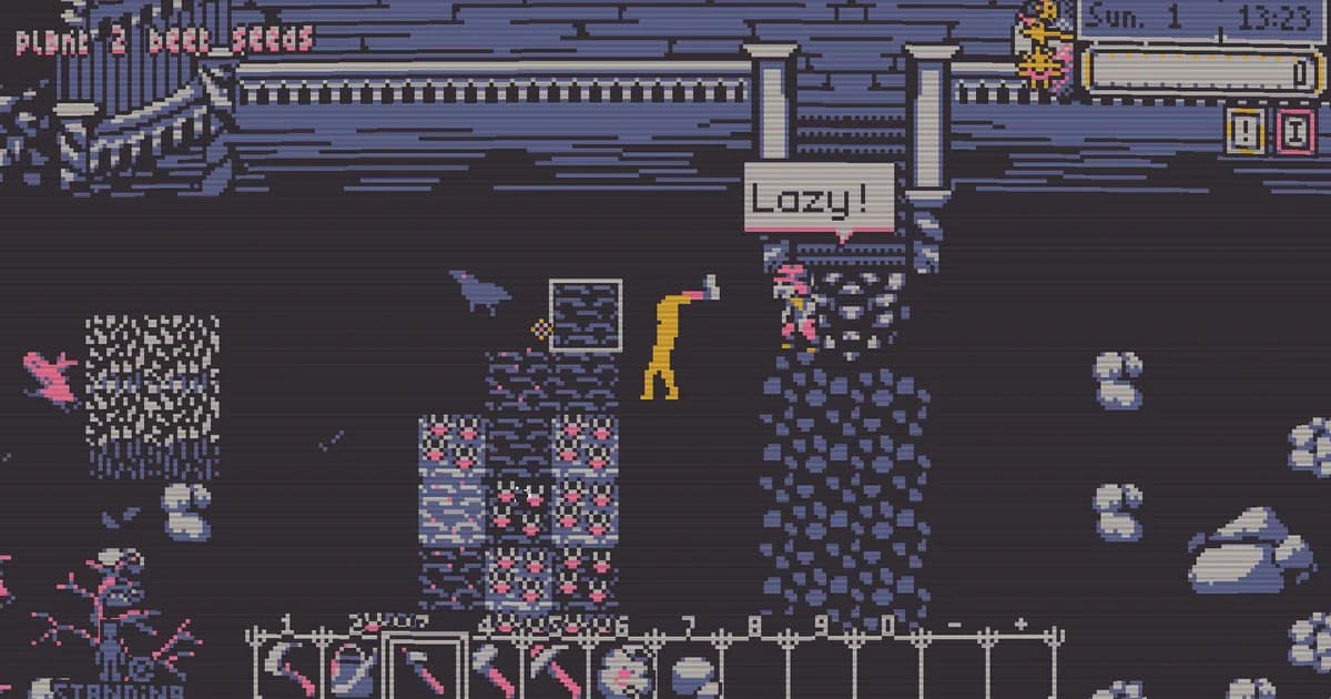 Besmirch pixel art character mining rock nodes in a quarry, with a 'Plant 2 Beet Seeds' task prompt and a 'Lazy!' speech bubble on screen