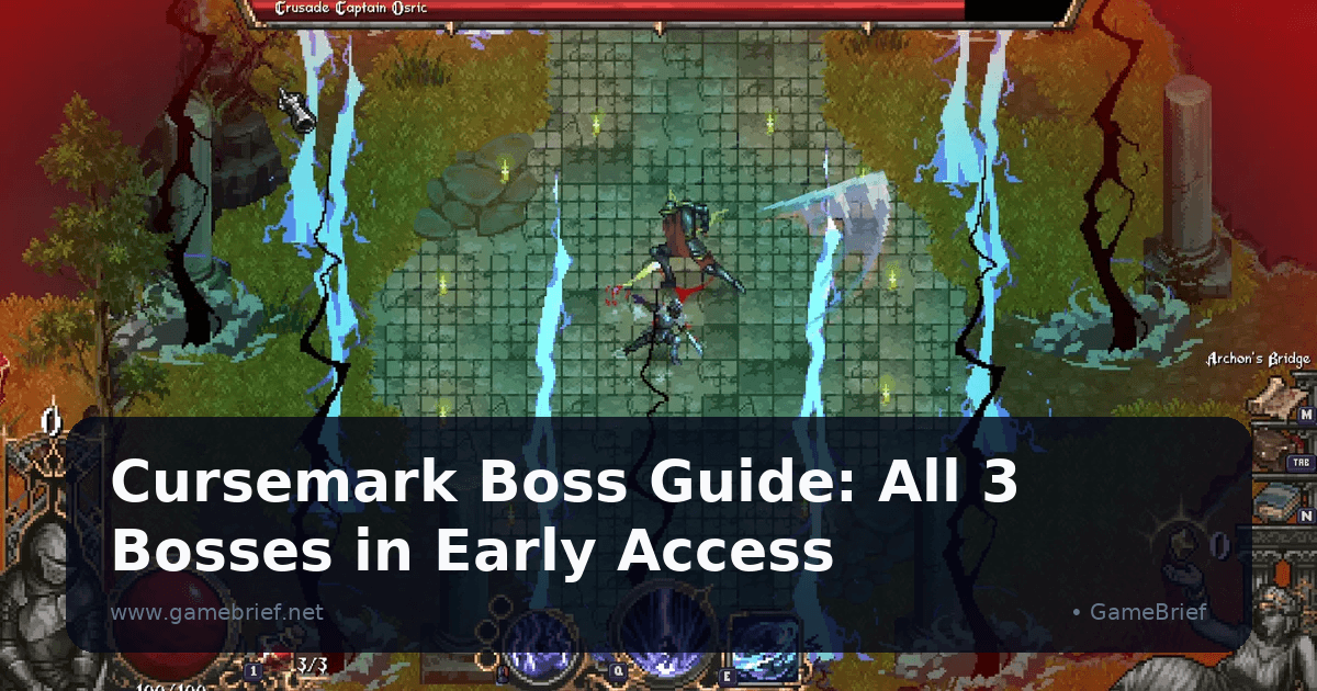 Cursemark boss fight against Crusade Captain Osric, with the boss health bar visible and blue lightning arena hazards splitting the floor