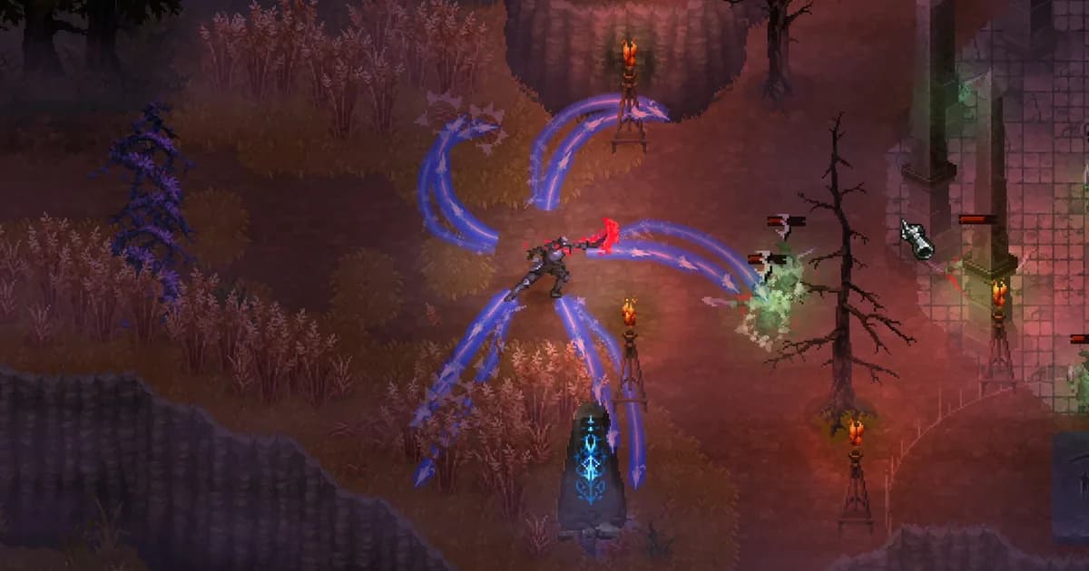 Cursemark top-down combat with a mage-knight firing arcing purple lightning bolts across a dark red field dotted with lit torches