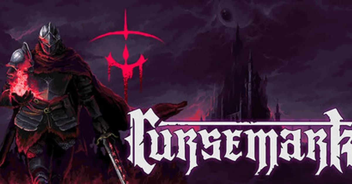 Cursemark mage-knight sprinting through a dark stone corridor toward a glowing doorway as enemies converge from either side