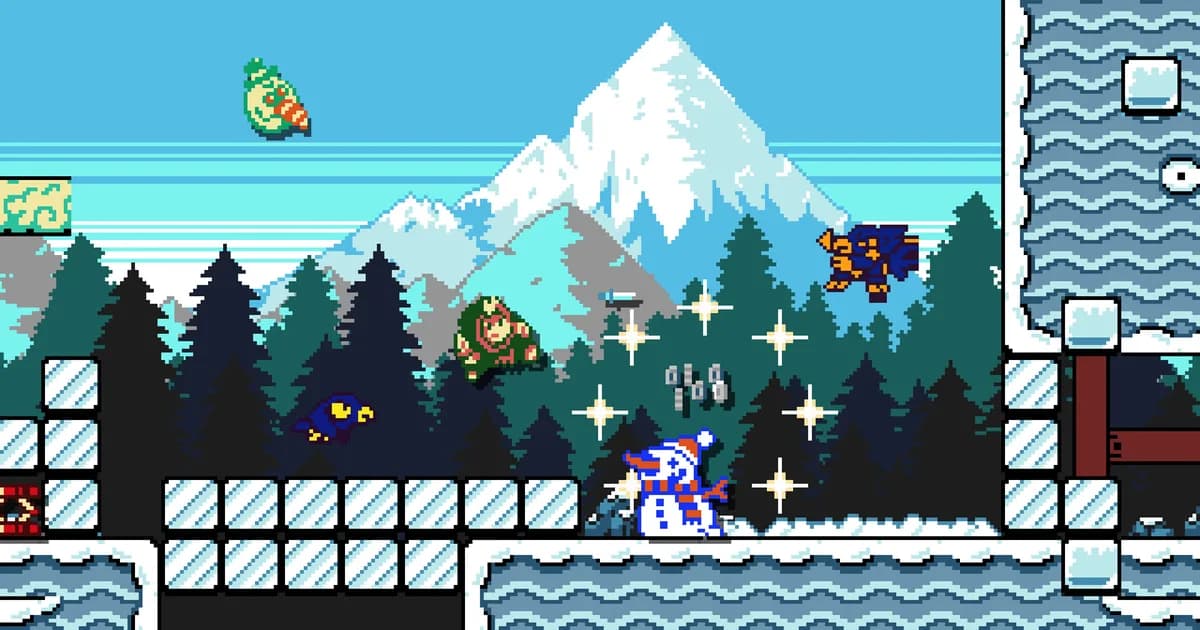 Dark Scrolls snowy mountain stage with a green-cloaked hero leaping over a snowman enemy, a blue bird swooping, and a beetle creature overhead
