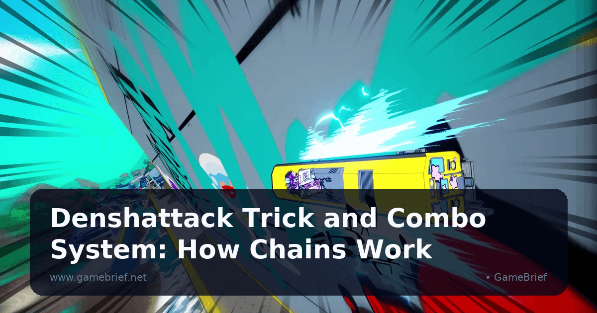 Custom yellow Denshattack train mid-trick on an elevated rail, teal speed-line effects and lightning trailing behind the cab