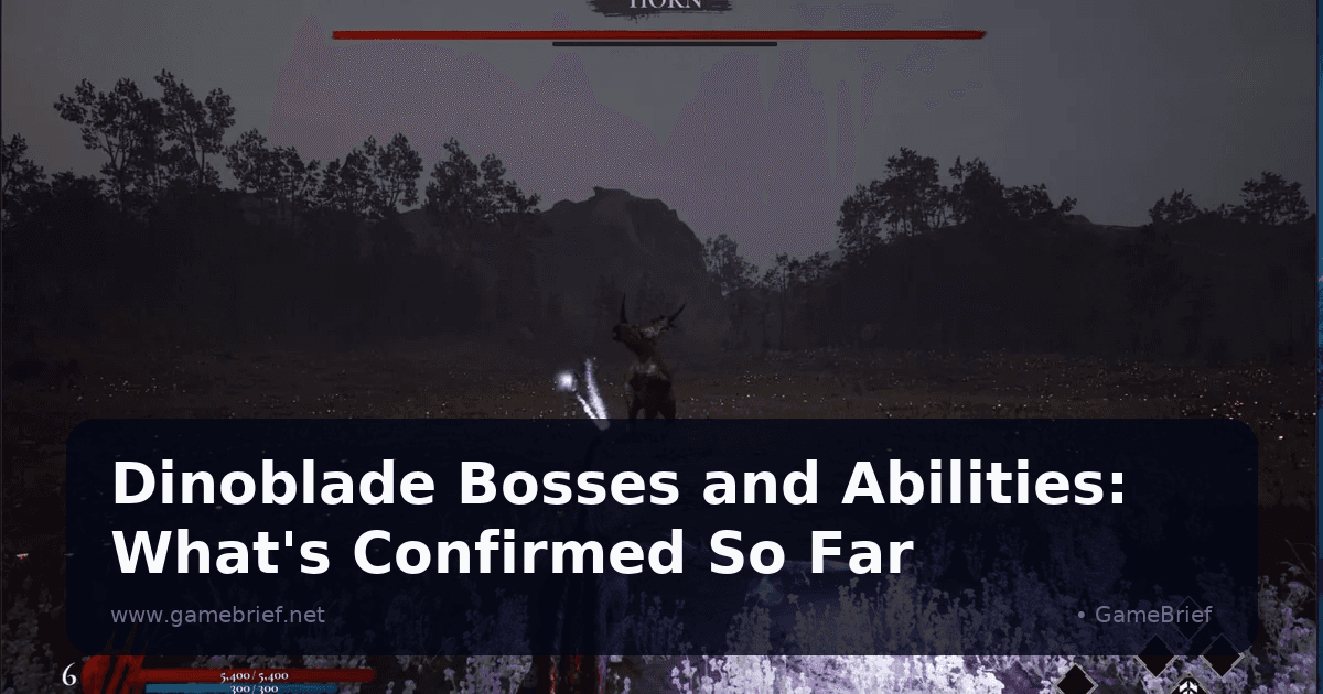 Dinoblade boss fight against HORN, a horned dinosaur enemy, in a foggy white-flowered meadow at night, boss name and health bar visible on screen