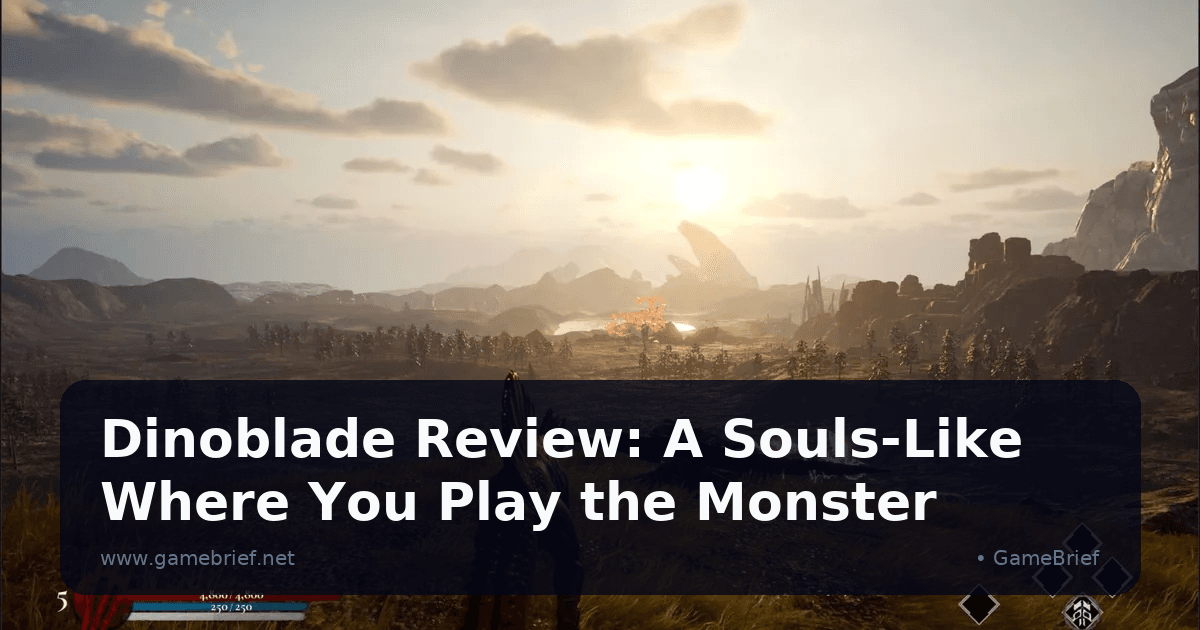 Dinoblade player Spinosaurus standing on a grassy plain at sunset wielding a great sword, HUD showing 4,800 HP and level 5