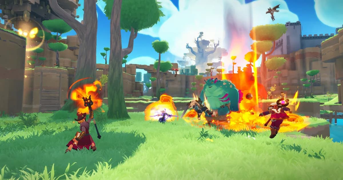 Farever co-op party of four crossing a sunlit Siagarta biome, each player showing a different class silhouette