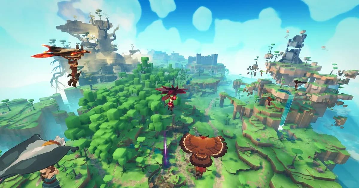 Farever aerial view of Siagarta world with floating green islands, waterfalls, and player characters descending from the sky