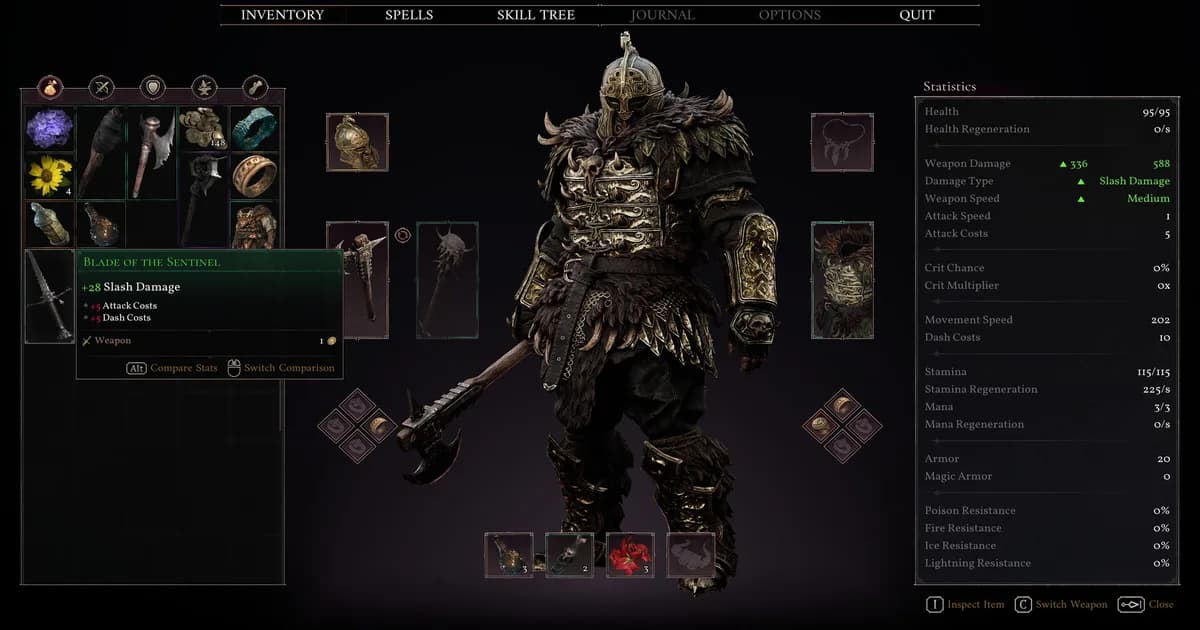 Fatekeeper character equipment screen with armored hero visible, stat panel on the right showing current build state