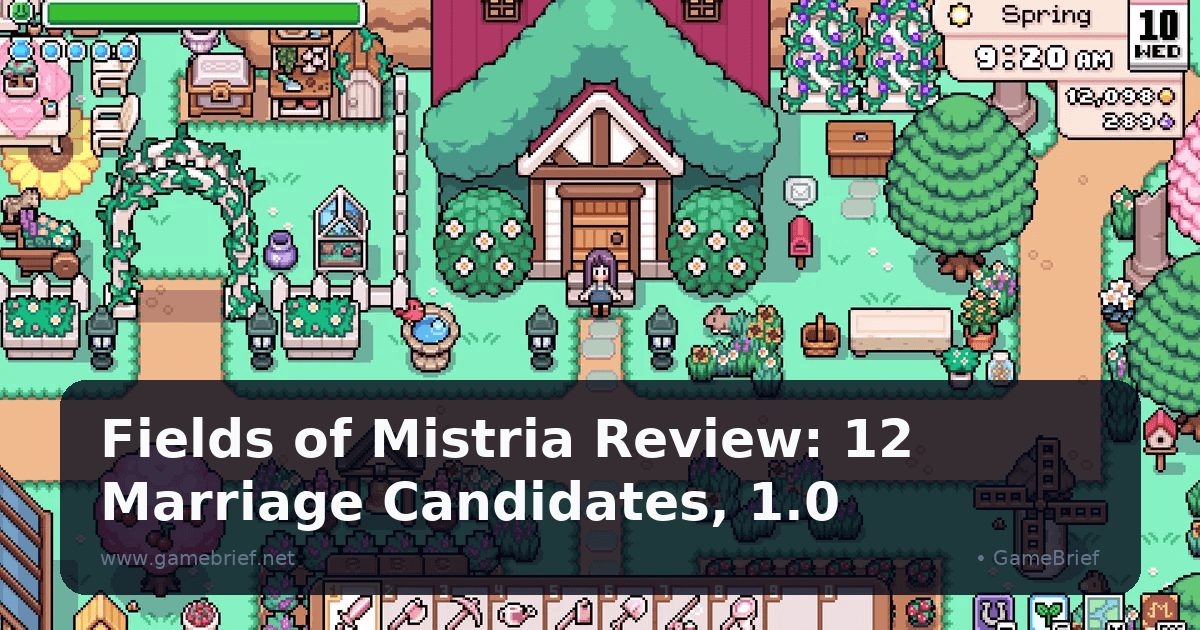 Fields of Mistria farmhouse decorated with a white flower archway, fenced garden beds, a birdbath, and a blooming cherry tree