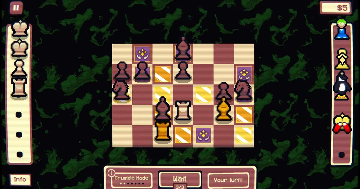 Gambonanza late-stage chess board with gold and diamond tile upgrades, reserve columns full, and Crumble Mode counter at 3/3