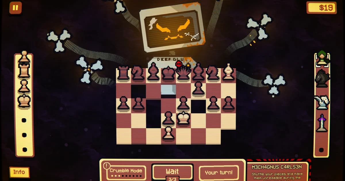 Gambonanza 5x5 chess board with reserve column side panels visible and Crumble Mode counter at 2/3 during a mid-run position