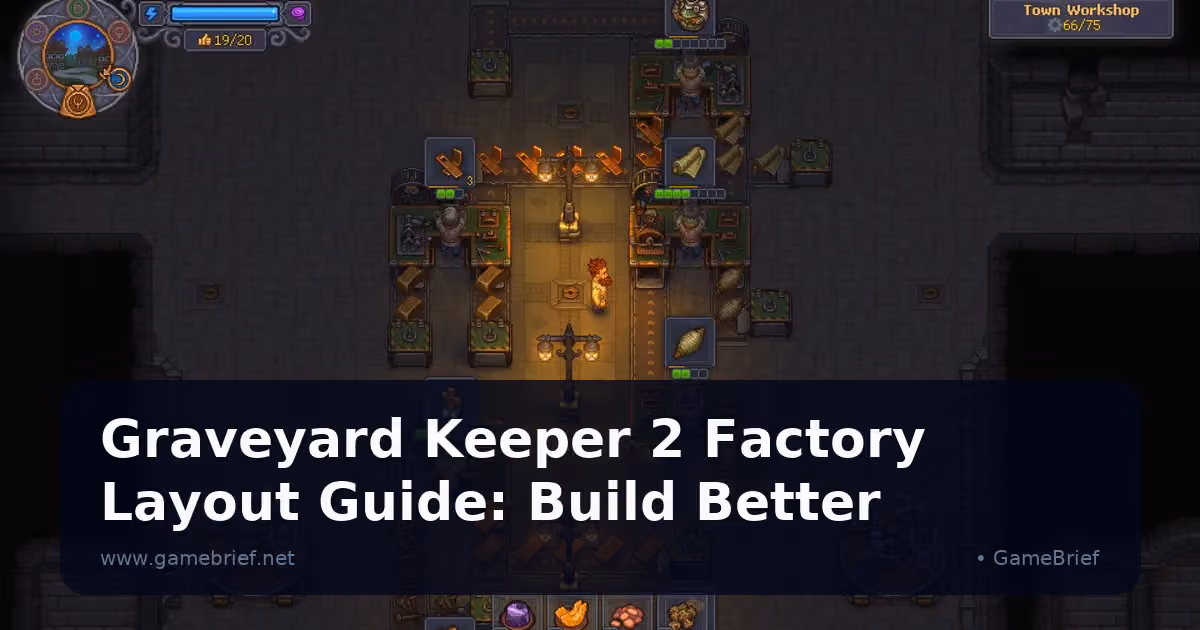 Town Workshop with parallel conveyor lanes, assembly stations, storage, and zombie workers in Graveyard Keeper 2