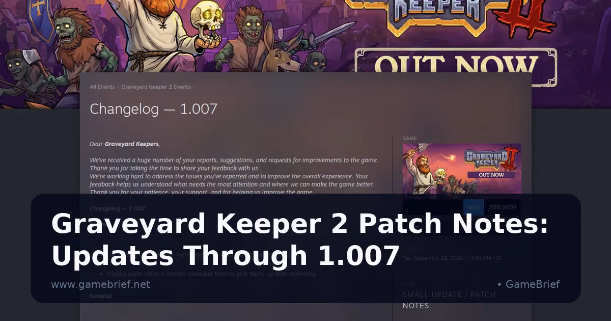 Steam Changelog 1.007 page showing crash fixes and zombie tech-point updates beneath the Graveyard Keeper 2 banner