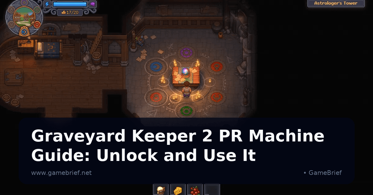 Astrologer's Tower ceremony with a glowing orb, books, candles, and the Keeper in Graveyard Keeper 2
