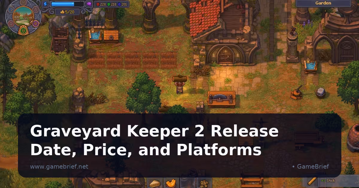 Graveyard Keeper carrying a log through a bright garden beside production stations and stone paths