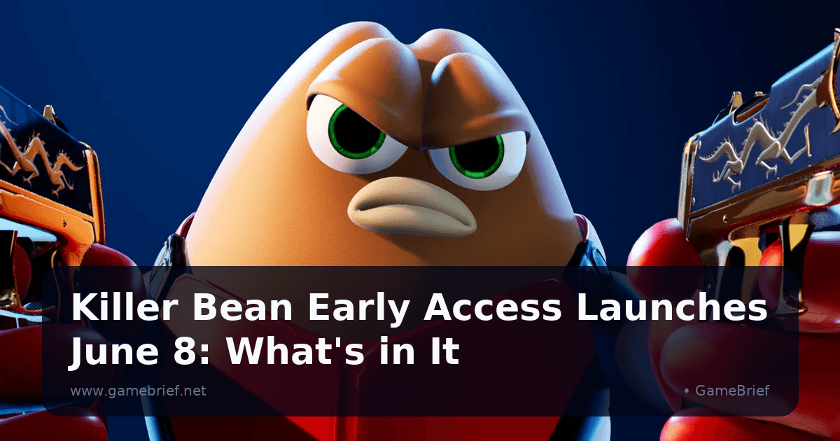 Killer Bean character mid-gunfight on a procedural jungle island, ragdoll enemies flying in the background